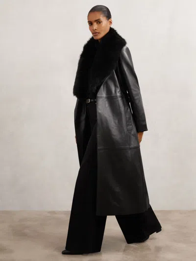 Reiss Black Leather Trench Coat With Shearling Collar