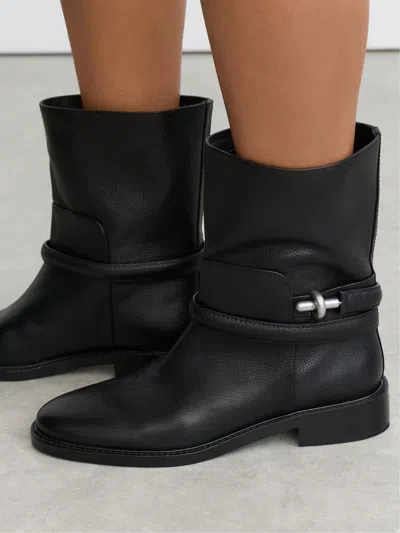Reiss Black Leather Turnlock-hardware Biker Ankle Boots