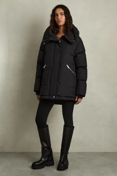 Reiss Black Lexie Concealed-hood Puffer Coat