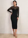 Reiss Womens Black Lila Sheer-sleeve Slim-fit Stretch-knit Midi Dress In Black