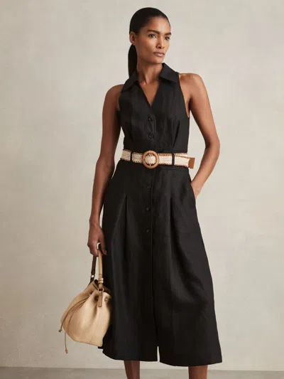 REISS BLACK LINEN BELTED SLEEVELESS MIDI DRESS