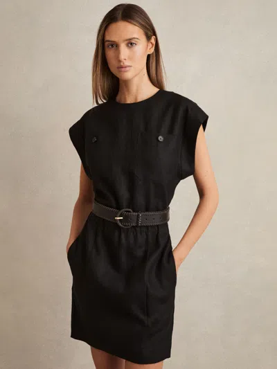 Reiss Black Linen Short Sleeve Mini Dress