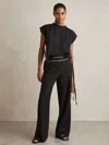 Reiss Black Petite Linen Wide-leg Whipstitch Trousers In Black