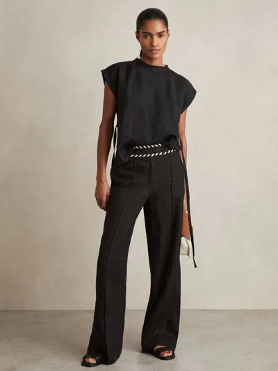 Reiss Black Linen Wide-leg Whipstitch Trousers