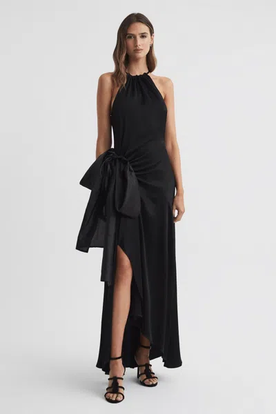 Reiss Black Satin Bow Halterneck Maxi Dress