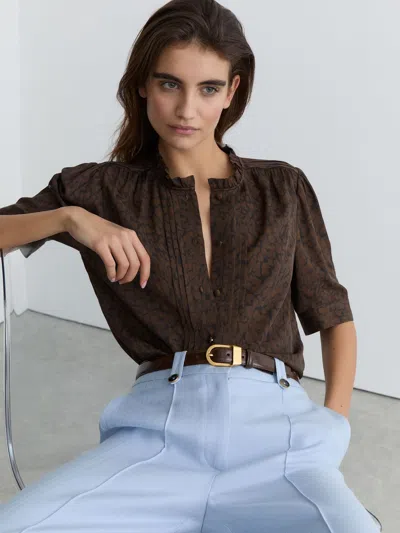 Reiss Black Matte-silk Animal-print Blouse In Brown