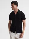 Reiss Emerald Textured Cuban Collar Shirt In Black