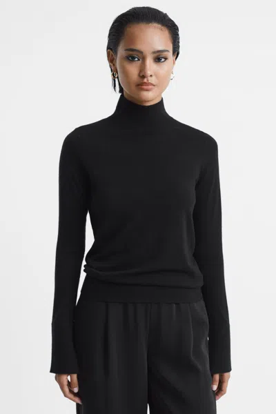 Reiss Black Merino Wool Fitted Funnel Neck Top