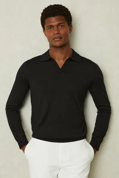 Reiss Black Merino Wool Open Collar Polo Shirt