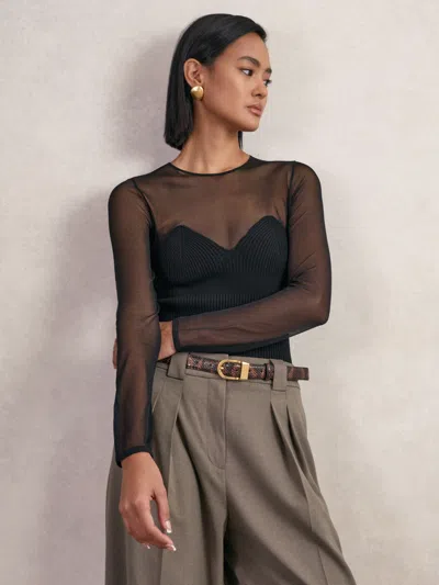 Reiss Black Mesh Knit Sweetheart Long-sleeve Top