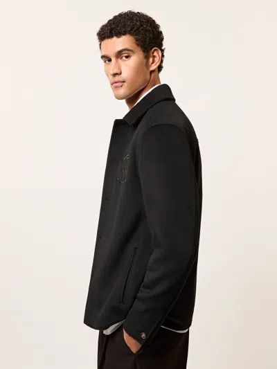Reiss Black Monogram Embroidery Wool-blend Overshirt In Blue