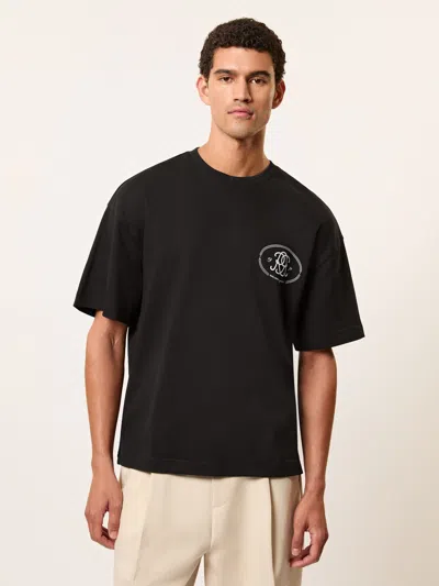 Reiss Black Monogram Print Cotton Oversized T-shirt In Multi