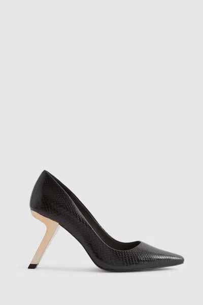 Reiss Black Leather Angled Heel Court Shoes