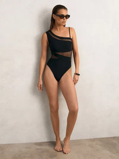 REISS REISS BLACK DAVINA ONE SHOULDER MESH PANEL SWIMSUIT