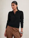 Reiss Black Open-knit Long-sleeve Polo Top