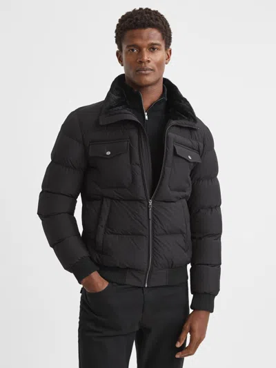 Reiss Black Padded Faux Fur Coat