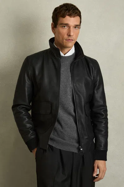 Reiss Black Pebbled-leather Funnel-neck Jacket