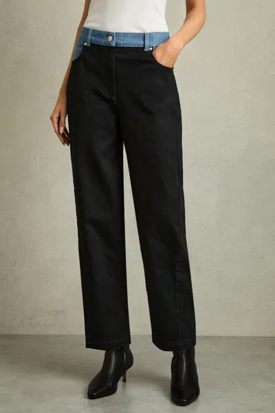 Reiss Black Petite Colour-block Twisted-seam Straight Jeans In Black