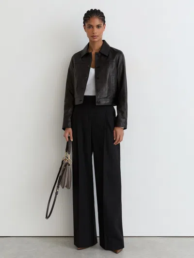 Reiss Black Petite Leather Trucker Jacket