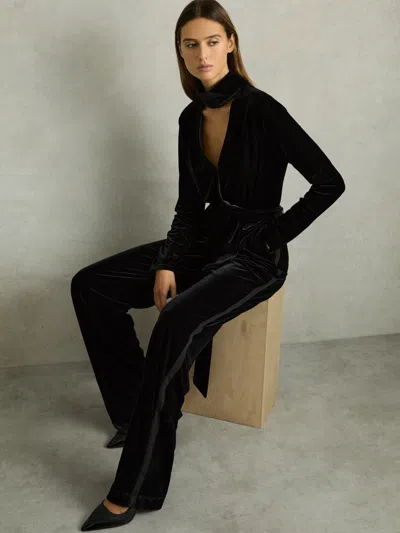 Reiss Black Petite Velvet Belted Wide Leg Jumpsuit
