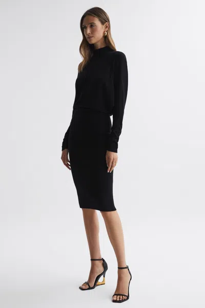 Reiss Black Petite Wool Blend Ruched Sleeve Midi Dress