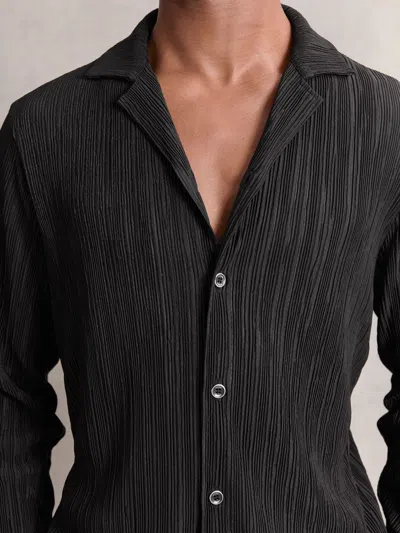Reiss Black Plissé Cuban-collar Long-sleeve Shirt In Brown