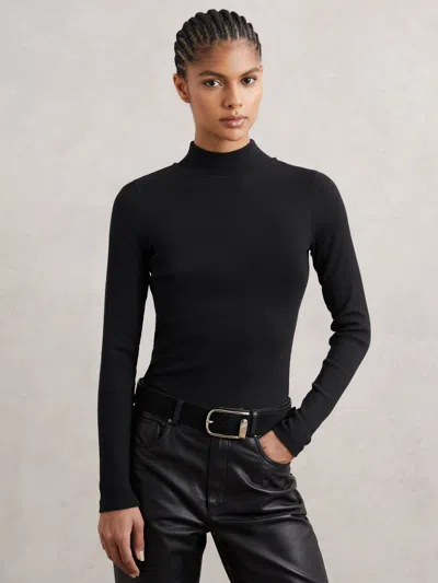 Reiss Black Stretch-cotton Funnel-neck Top