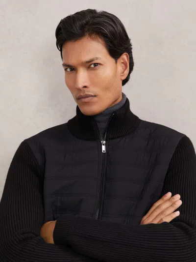 Reiss Black Quilted Rib-knit Funnel-neck Jacket