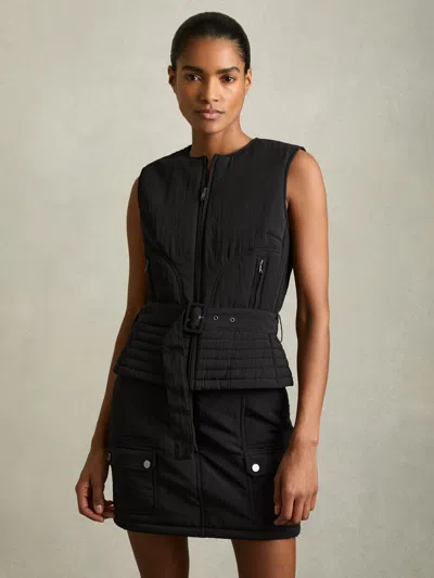 Reiss Black Quilted Zip-through Belted Vest