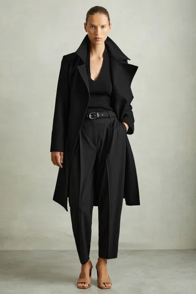 Reiss Black Wool-blend Belted Double-breasted Coat With Cashmere