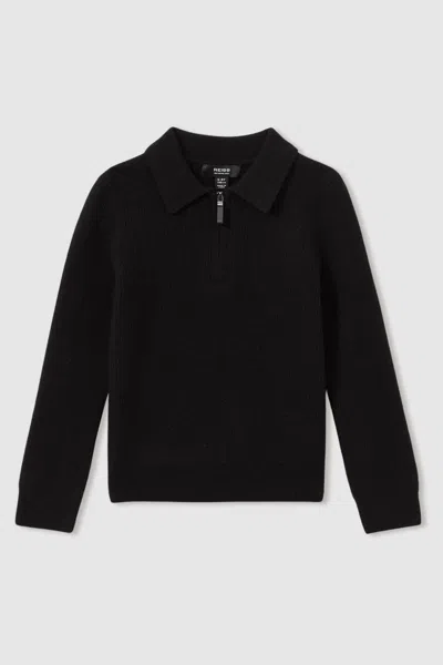 Reiss Black Regis Senior Merino Wool Half-zip Polo Shirt