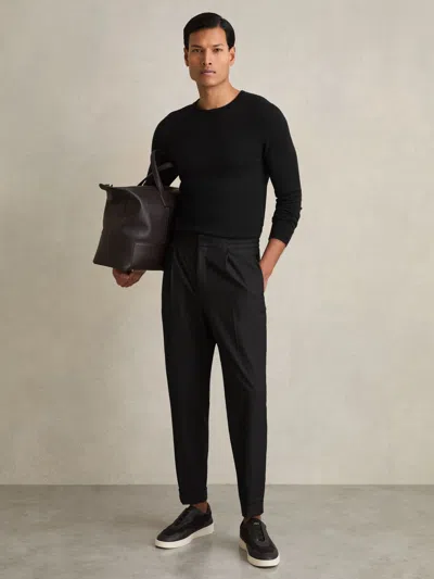 Reiss Black Relaxed Drawstring Trousers With Turn-ups