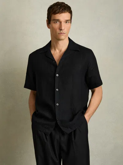 REISS REISS BLACK BELDI RELAXED LINEN CUBAN COLLAR SHIRT