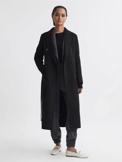 Reiss Black Relaxed Wool Blend Blindseam Belted Coat