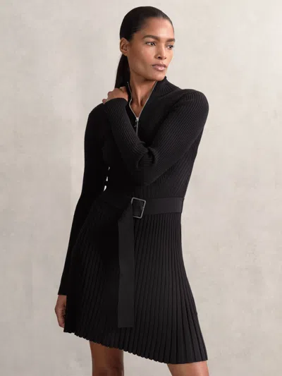Reiss Black Rib-knit Belted Half-zip Flippy Dress