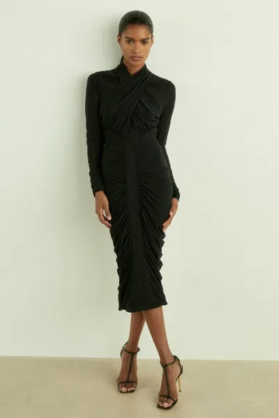 Reiss Black Ruched Bodycon Midi Dress