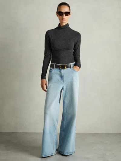 Reiss Black Ruched Jersey Top With Wool