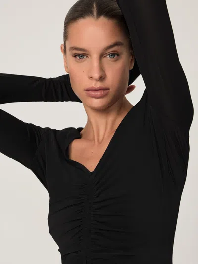Reiss Black Ruched Mesh V-neck Top