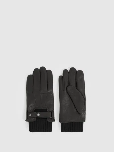 Reiss Black Sanford Leather Ribbed-cuff Gloves