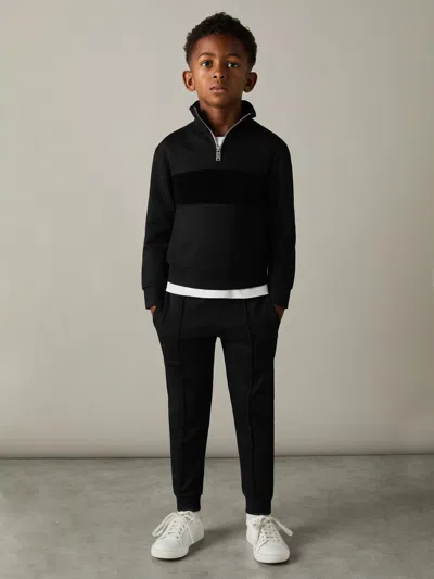 REISS BLACK SELIN 9-13 YRS SLIM FIT HALF-ZIP FUNNEL NECK VELOUR SWEATSHIRT
