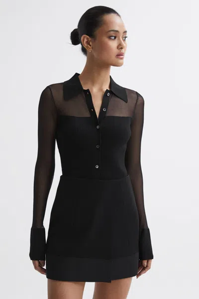 Reiss Black Sheer Knitted Button-through Top