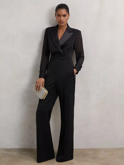 Reiss Black Sheer-sleeve Tuxedo Jumpsuit