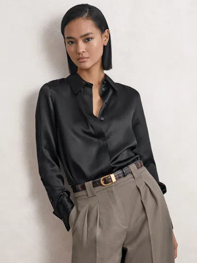 Reiss Black Silk-satin Concealed-placket Shirt