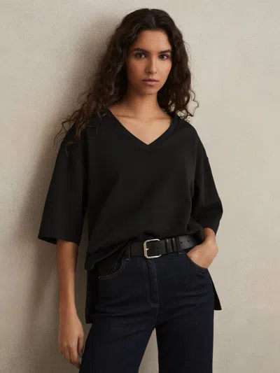Reiss Black Stretch-cotton Oversized V-neck T-shirt