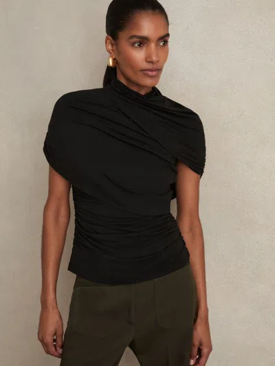 REISS BLACK STRETCH LYOCELL DRAPED TOP