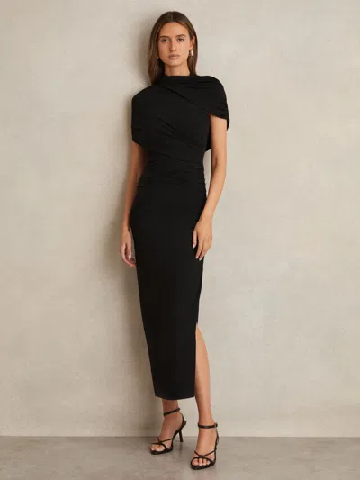 REISS REISS BLACK AZURE STRETCH LYOCELL RUCHED MIDI DRESS