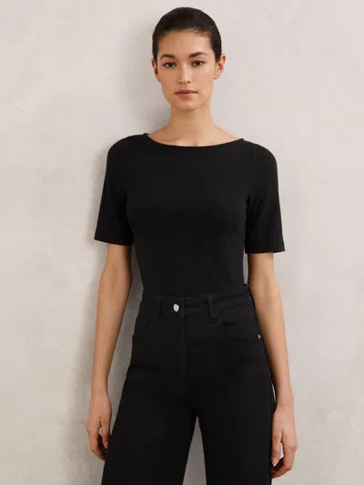 Reiss Black Stretch-cotton Boat-neck Top