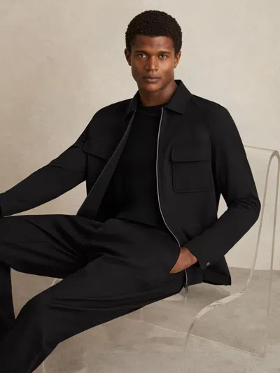 Reiss Mens Navy Bailey Regular-fit Zip-up Stretch-jersey Shirt In Black