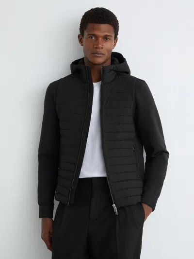 Reiss Black Theron Quilted Hybrid Hooded Zip-front Jacket