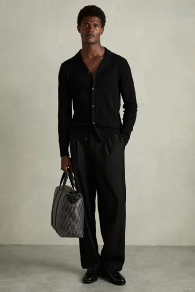 Reiss Black Jacquard Cuban-collar Button-through Shirt